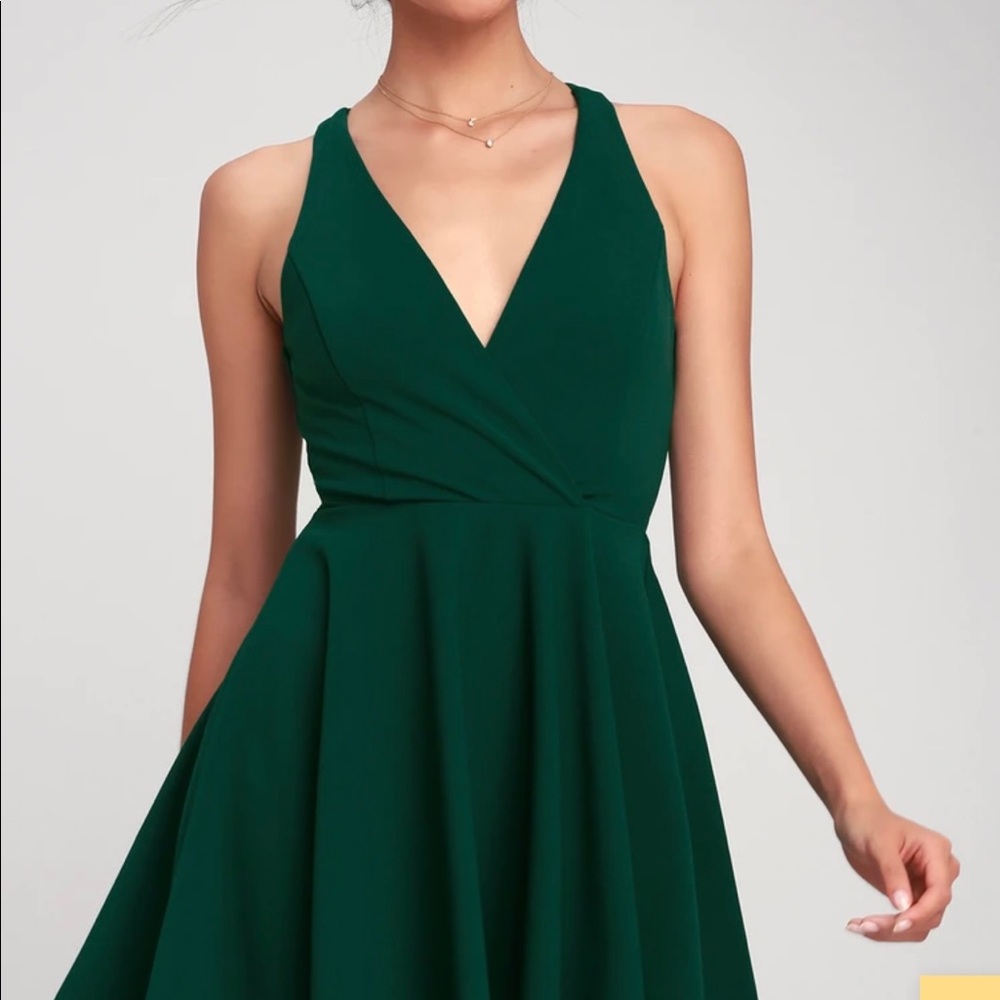 Wonder Whirl Dark Green Twist Back Skater Dress: Lulus